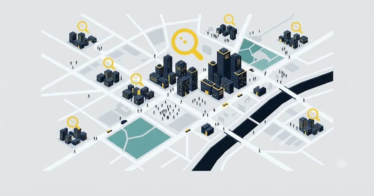 Ilustrație cu o hartă a Cluj-Napoca și pictograme pentru servicii digitale de optimizare SEO