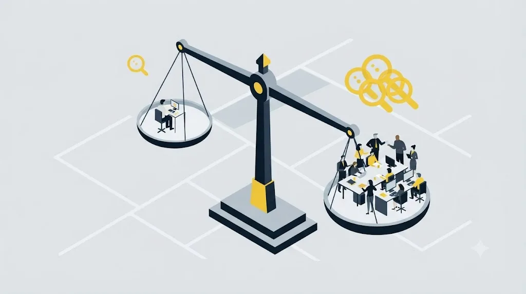 Ilustrație cu o balanță care compară un freelancer SEO și o echipă de firmă