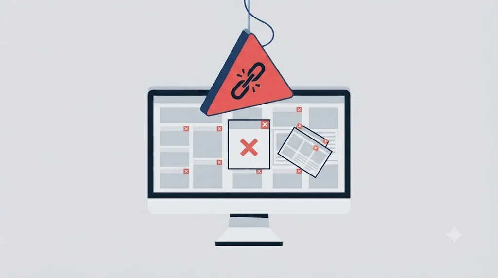 Ilustrație cu un semn de avertizare deasupra unui site web cu erori marcate