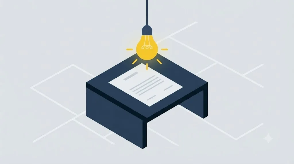 Ilustrație cu un contract și un bec aprins deasupra, simbolizând întrebările de pus înainte de semnare