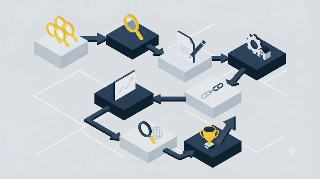 Ilustrație cu o schemă de flux care arată pașii unui proces SEO complet