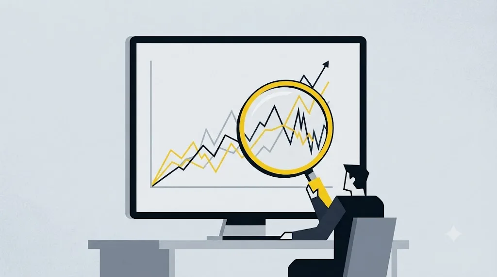 Ilustrație cu un grafic de trafic SEO analizat cu o lupă pentru verificare