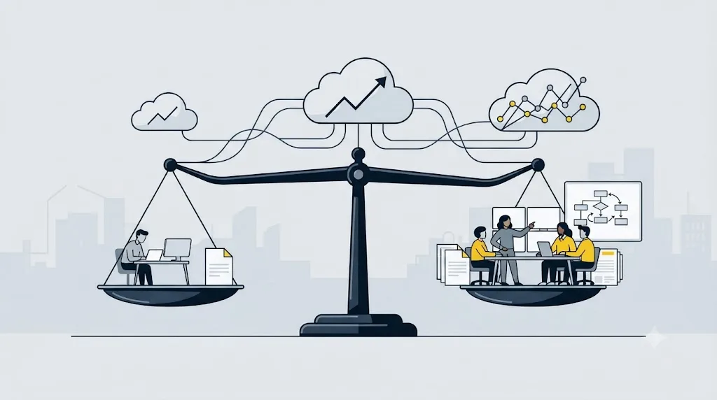 Ilustrație cu o balanță care compară munca individuală și o echipă de firmă pentru SEO local în Constanța