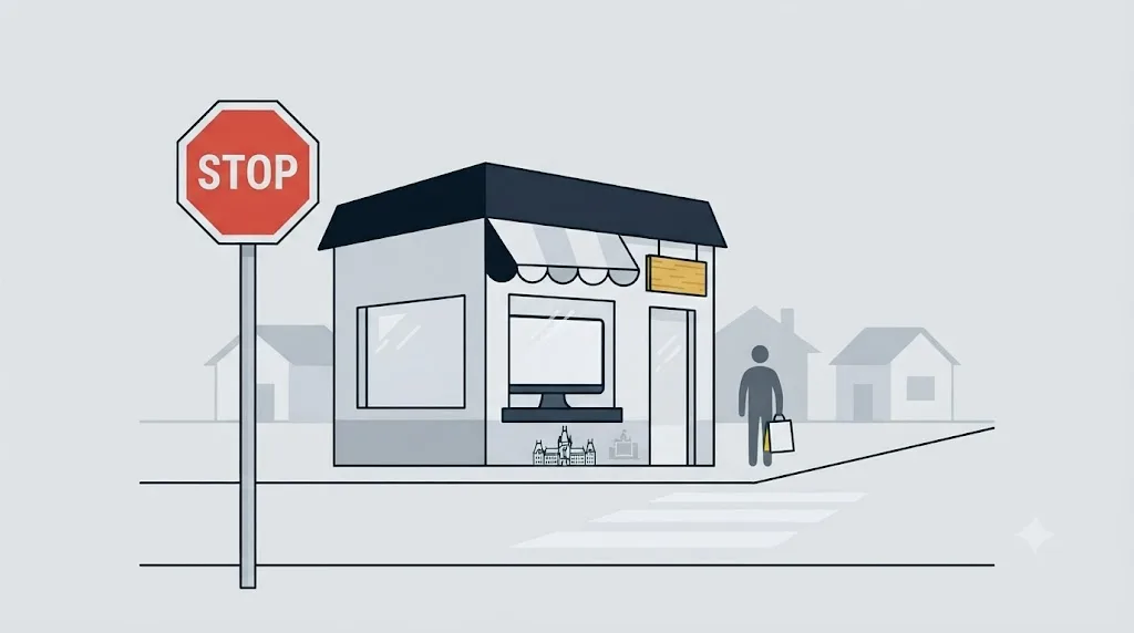 Ilustrație cu un semn de stop lângă un magazin mic local, sugerând că nu orice afacere din Iași are nevoie de o firmă SEO