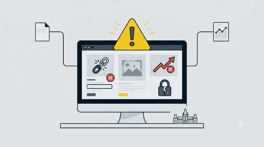 Ilustrație cu un semn de avertizare deasupra unui site web cu erori marcate, simbolizând greșeli comune de SEO în Iași