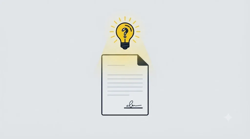 Ilustrație cu un contract și un bec aprins deasupra, simbolizând întrebările de pus unei firme SEO înainte de semnare