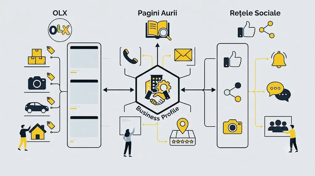 Ilustrație cu platformele locale relevante pentru SEO în Iași, conectate la profilul unei afaceri