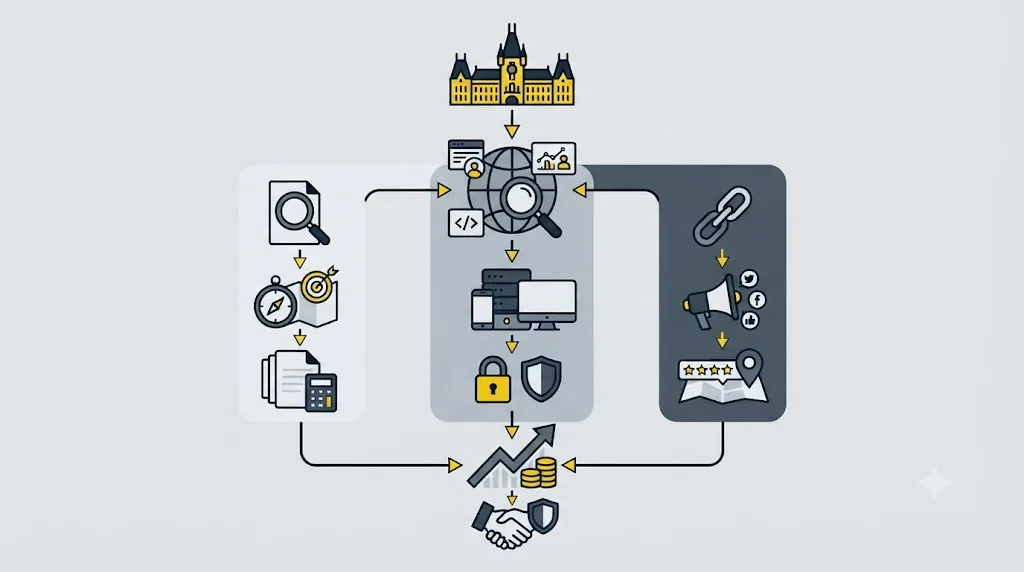 Ilustrație cu o schemă de flux care arată pașii unui proces SEO complet pentru o firmă din Iași