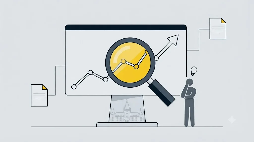 Ilustrație cu un grafic de trafic SEO analizat cu o lupă pentru verificare, pentru o afacere din Iași