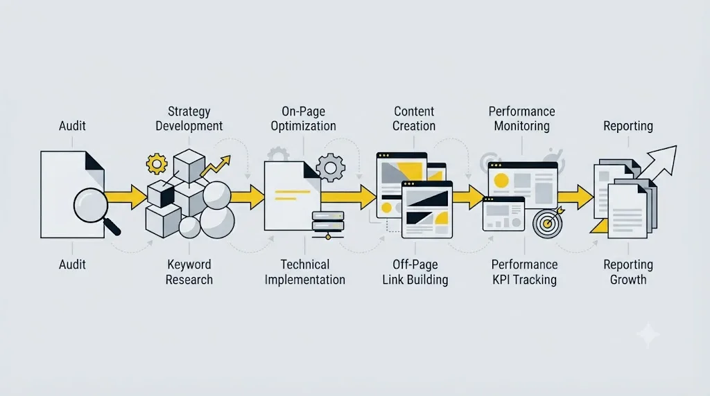 Ilustrație cu o schemă de flux care arată pașii unui proces SEO complet