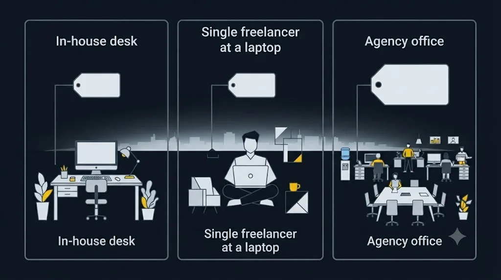 Illustration comparing an in-house hire, a freelancer and an agency as three options for GEO work in Dubai