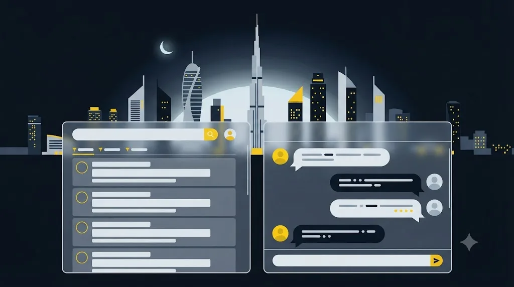 Illustration of the Dubai skyline with a search engine results page and an AI chat answer shown side by side