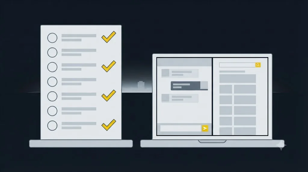 Illustration of a seven-item checklist for vetting a GEO agency, shown against a chat interface and search results