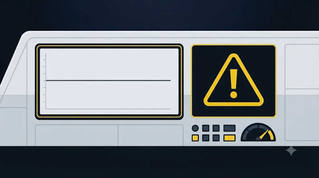 Illustration of a warning sign next to a flat website traffic dashboard
