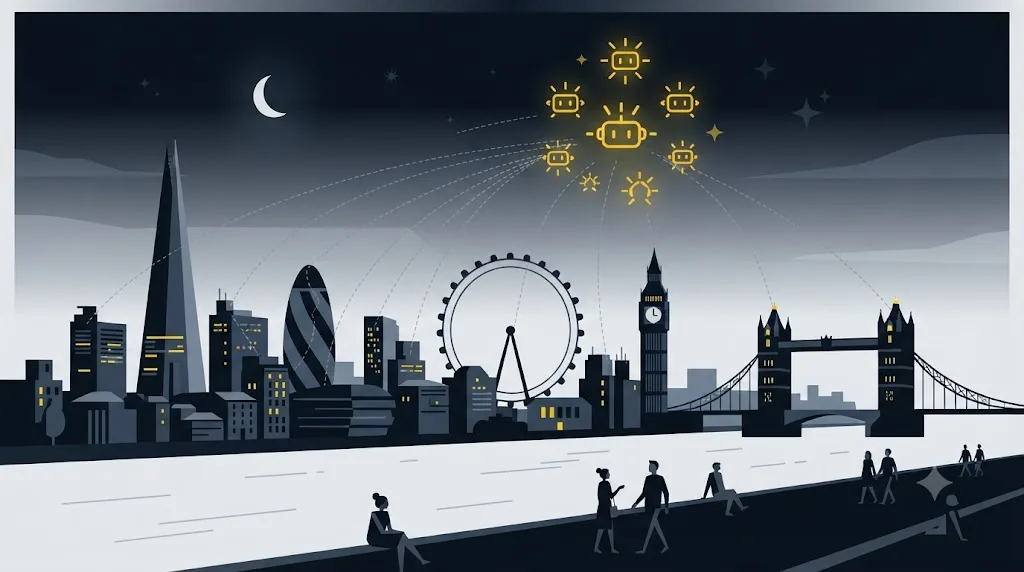 Illustration of a London skyline connected to a network of AI assistant icons