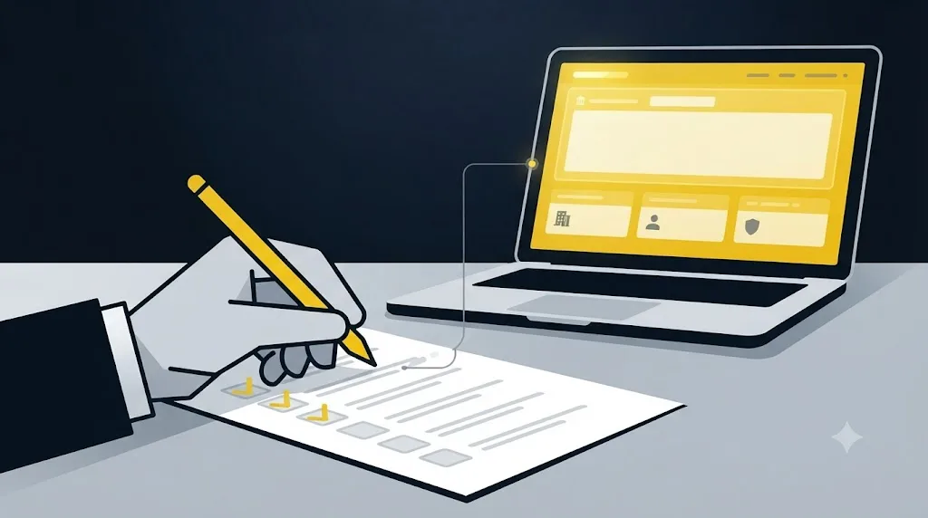 Illustration of a checklist for vetting a marketing agency next to a company registration search on a laptop