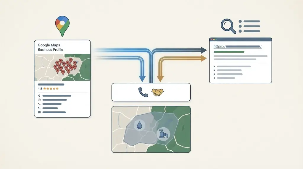 Illustration of a well contractor comparing a Google Maps listing and a website search result on a territory planning board