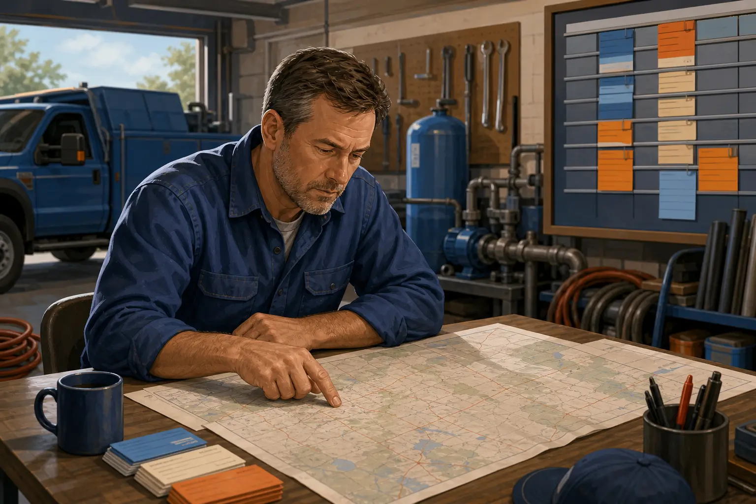 Illustration of a well pump contractor reviewing qualified repair calls by territory
