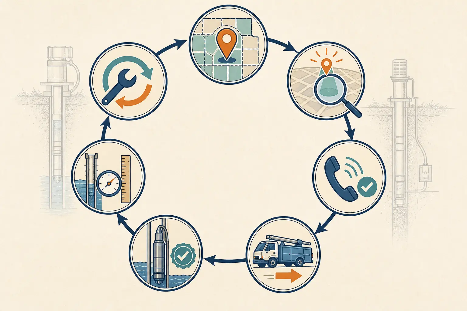 Illustration of the seven-stage Pump Repair Lead Loop from coverage to completed-job review