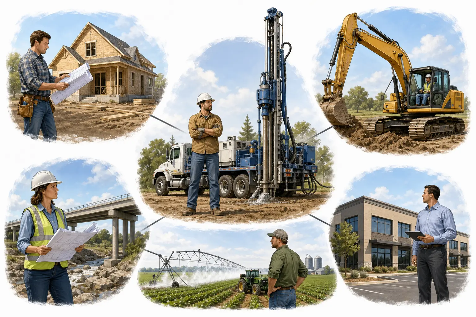 Illustration of a well contractor referral network linking builders, excavators, engineers, and property managers