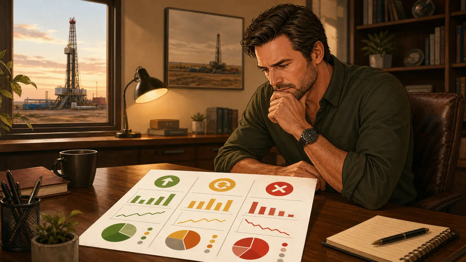 Illustration of an owner reviewing a job-source scorecard with stop, continue, and revise decisions