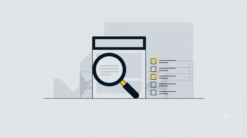 Illustration of a webpage being audited with a magnifying glass and a checklist of fixes being ticked off