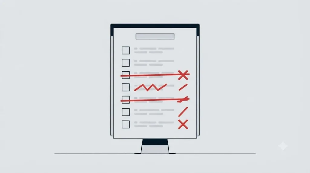 Illustration of a checklist showing common mistakes crossed out in red