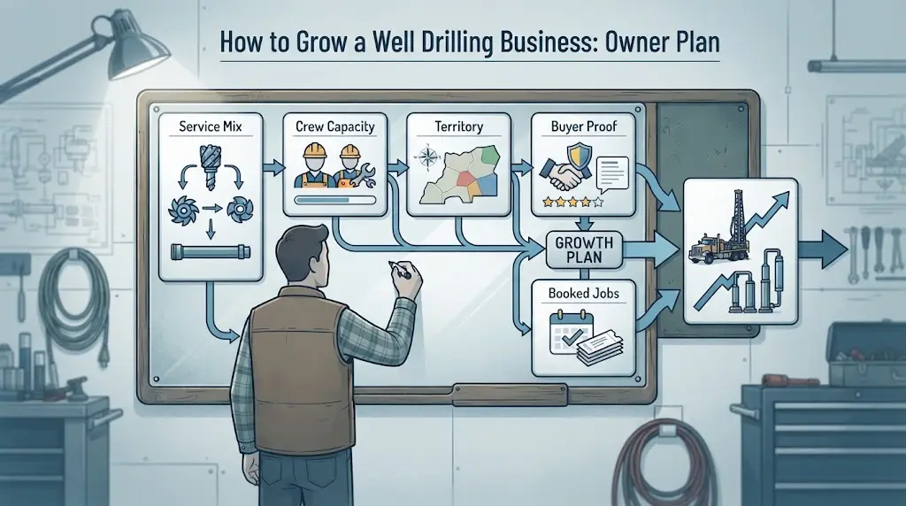 Illustration of a well drilling owner connecting service mix, crew capacity, territory, proof, and booked jobs on a planning board