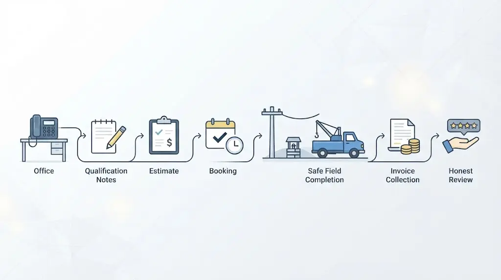 Illustration of the call-to-booked-job funnel from inquiry through qualification, estimate, scheduling, completion, and collection