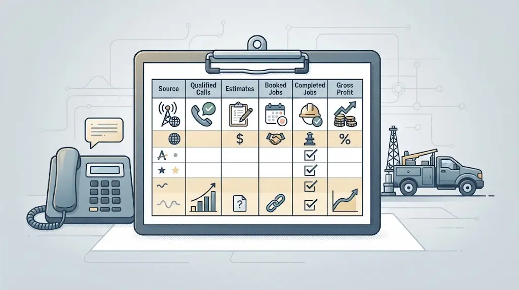 Illustration of a weekly owner scorecard tracking source, qualified calls, estimates, booked jobs, completed jobs, and gross profit