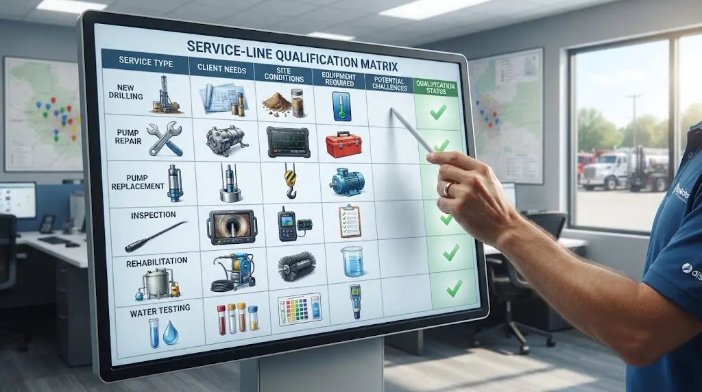 Illustration of a well contractor checking territory and equipment access before dispatch