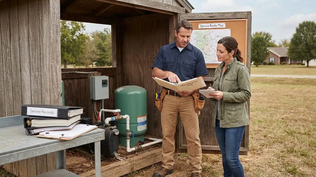 Illustration of a US well pump contractor presenting a documented maintenance plan beside a pump system and service records