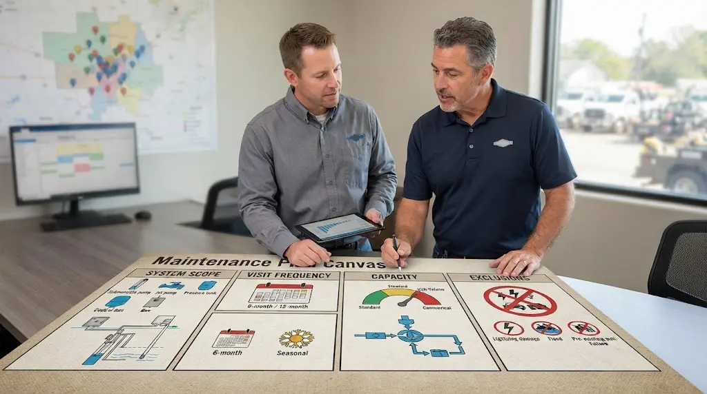 Illustration of a well pump contractor reviewing a maintenance plan canvas with scope and capacity decisions