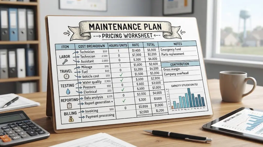 Illustration of a well pump maintenance plan pricing worksheet with delivery costs and capacity