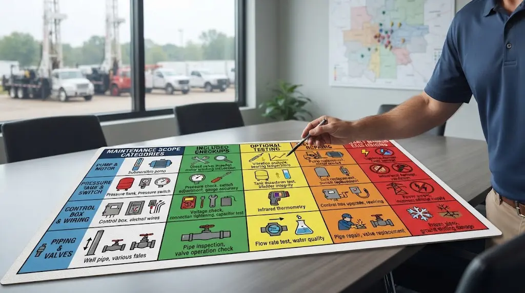 Illustration of a well pump contractor reviewing a maintenance plan canvas with scope and capacity decisions