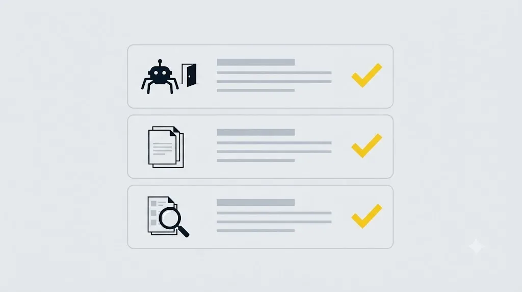 Illustration af en tjekliste med tre forudsætninger for at lykkes med generative engine optimization