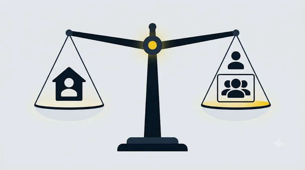 Illustration af en vægtskål der sammenligner intern medarbejder, freelancer og bureau til GEO-opgaven