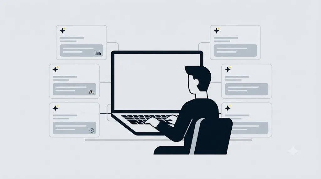 Illustration af en person der tester spørgsmål på tværs af flere AI-assistenter