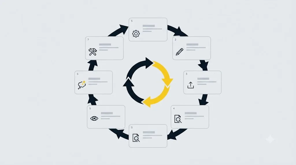 Illustration af et flowdiagram med otte trin i en generative engine optimization-proces