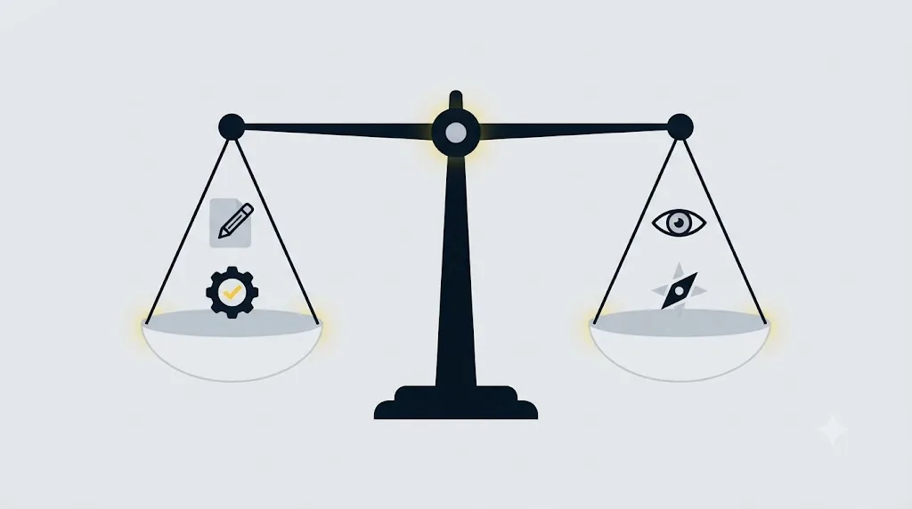 Illustration af fire omkostningstyper ved generative engine optimization på en vægtskål
