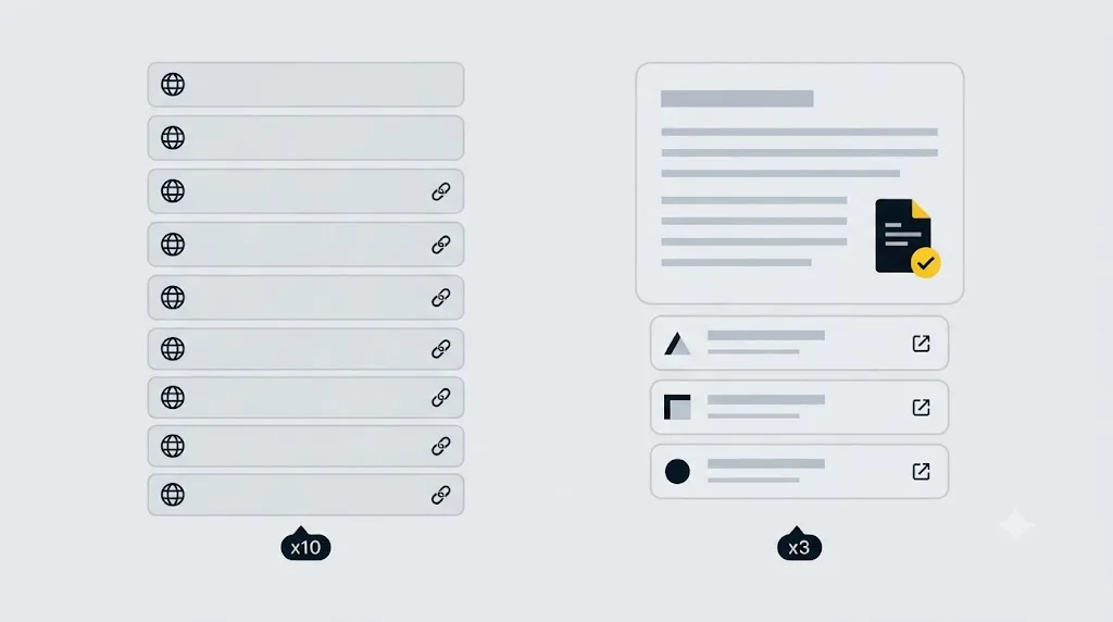 Illustration der sammenligner en liste af søgeresultater med ét AI-genereret svar med tre kilder