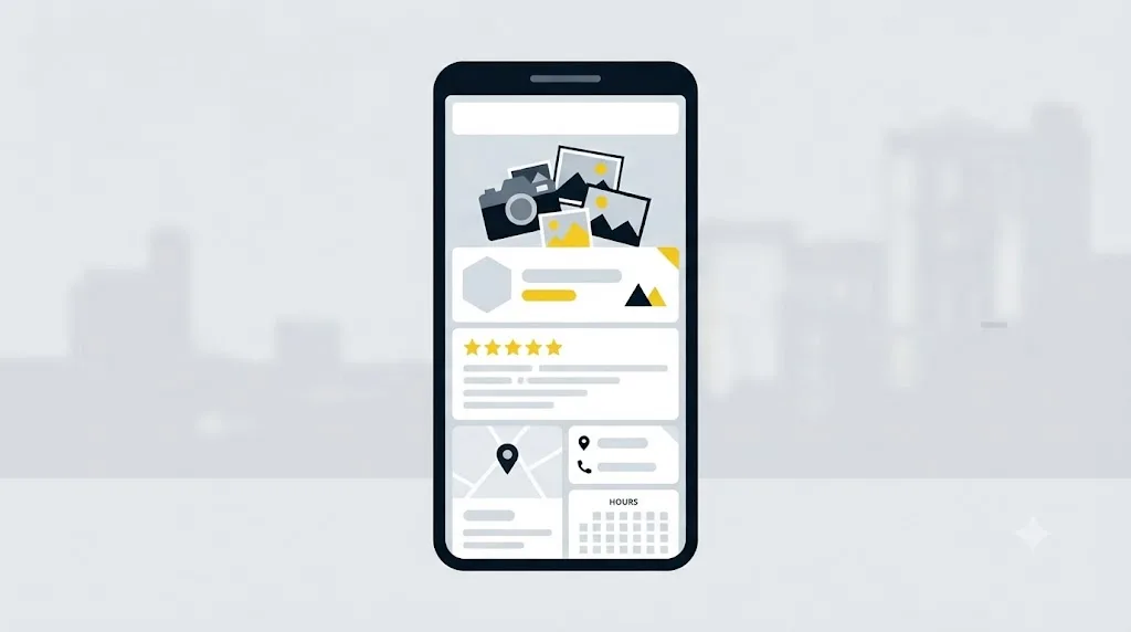 Illustratie van een volledig ingevuld Google-bedrijfsprofiel op een telefoonscherm voor een bedrijf in Rotterdam