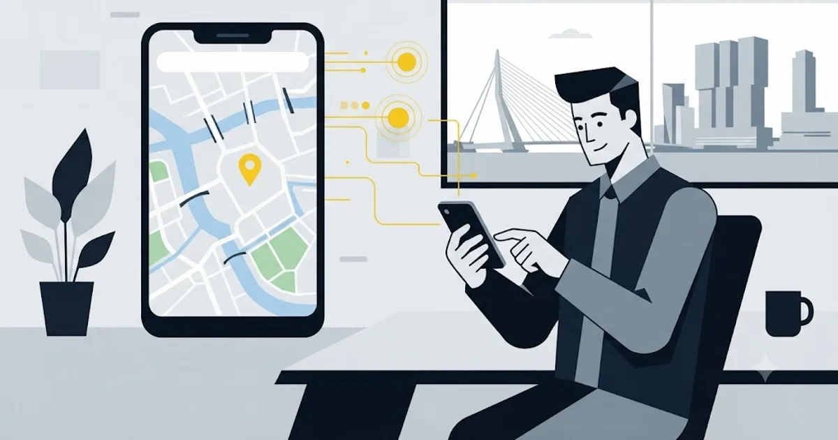 Illustratie van een Rotterdamse ondernemer die op een laptop lokale zoekresultaten bekijkt met de skyline van Rotterdam op de achtergrond