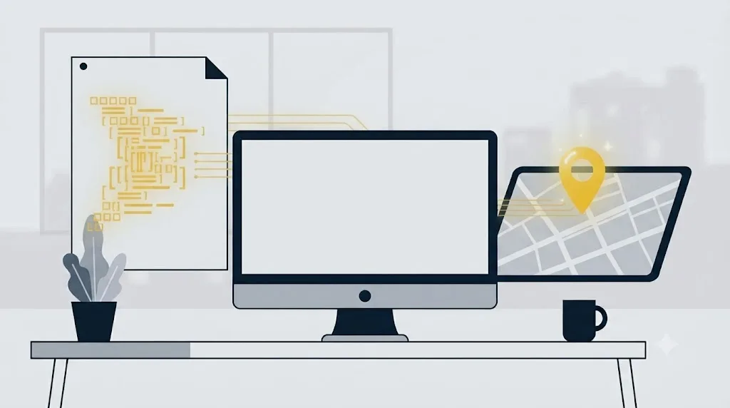 Illustratie van structured data code naast een kaart met een bedrijfslocatie in Rotterdam