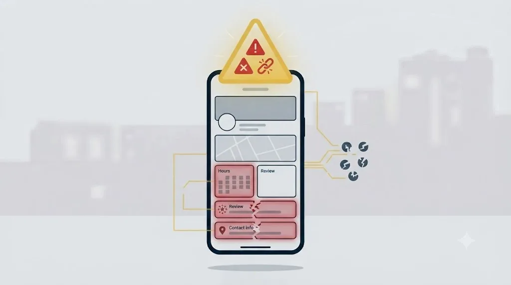 Illustratie van een waarschuwingsbord boven een Google-bedrijfsprofiel met veelgemaakte fouten
