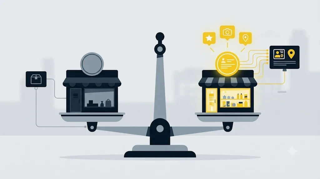 Illustratie van een weegschaal die gewone SEO en lokale SEO met elkaar vergelijkt