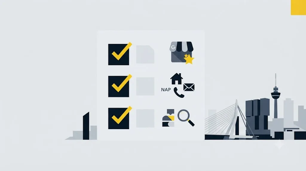 Illustratie van een checklist voor lokale SEO met de skyline van Rotterdam op de achtergrond