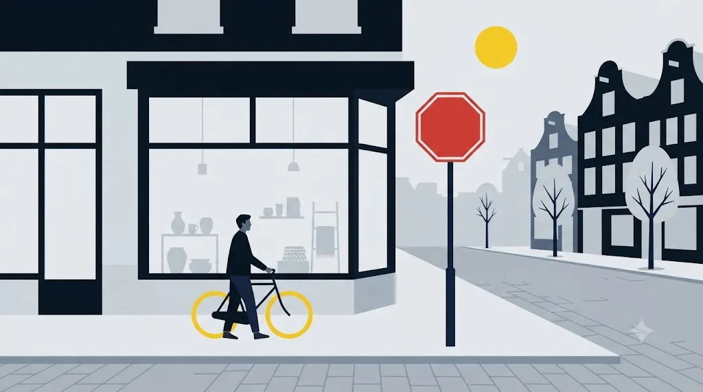 Illustratie van een stopbord naast een winkelpui in een rustige straat in Rotterdam