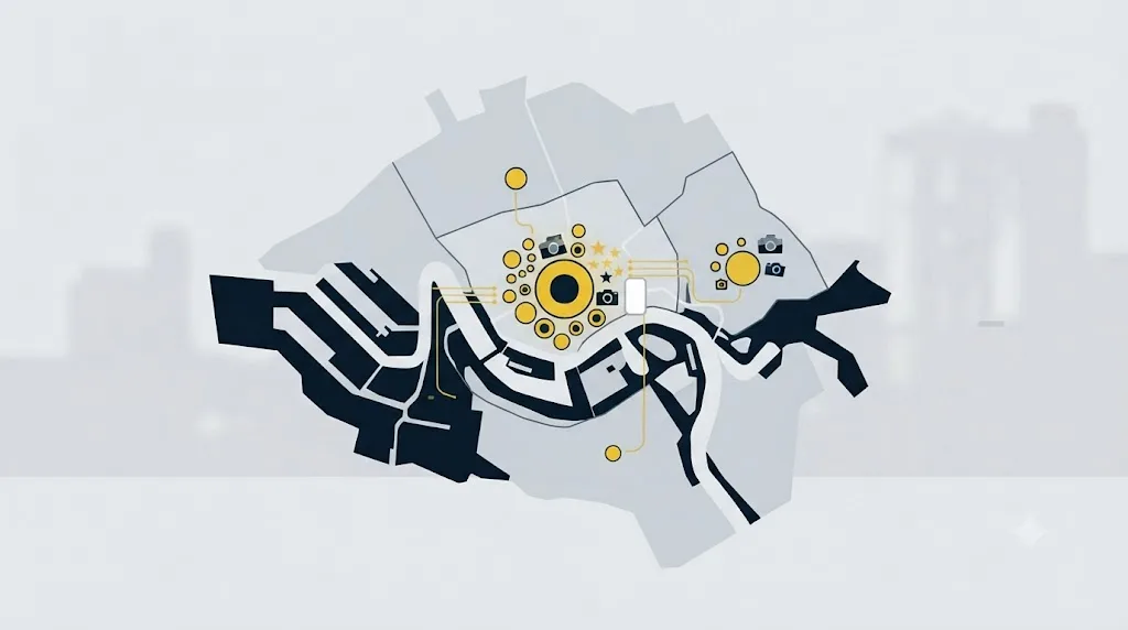 Illustratie van een kaart van Rotterdamse gebieden met zoekwoordniveaus per wijk