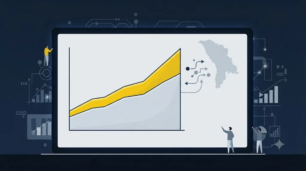 Ilustrație cu un grafic de creștere a utilizatorilor de asistenți AI în Moldova